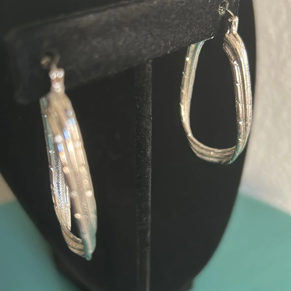 New Pair Sterling Silver Etched Abstract Oblong Hoop Earrings